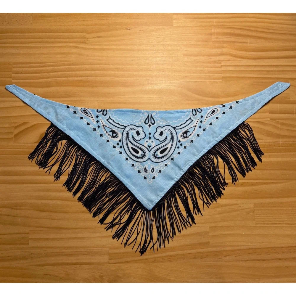 Blue Jean Baby Blue Paisley Fringe Dog Bandana | Handmade Western Pet Accessory